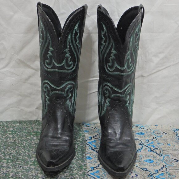Ariat Tall Black Leather Cowboy Boots with Turquoise Embroidery - Picture 1 of 13